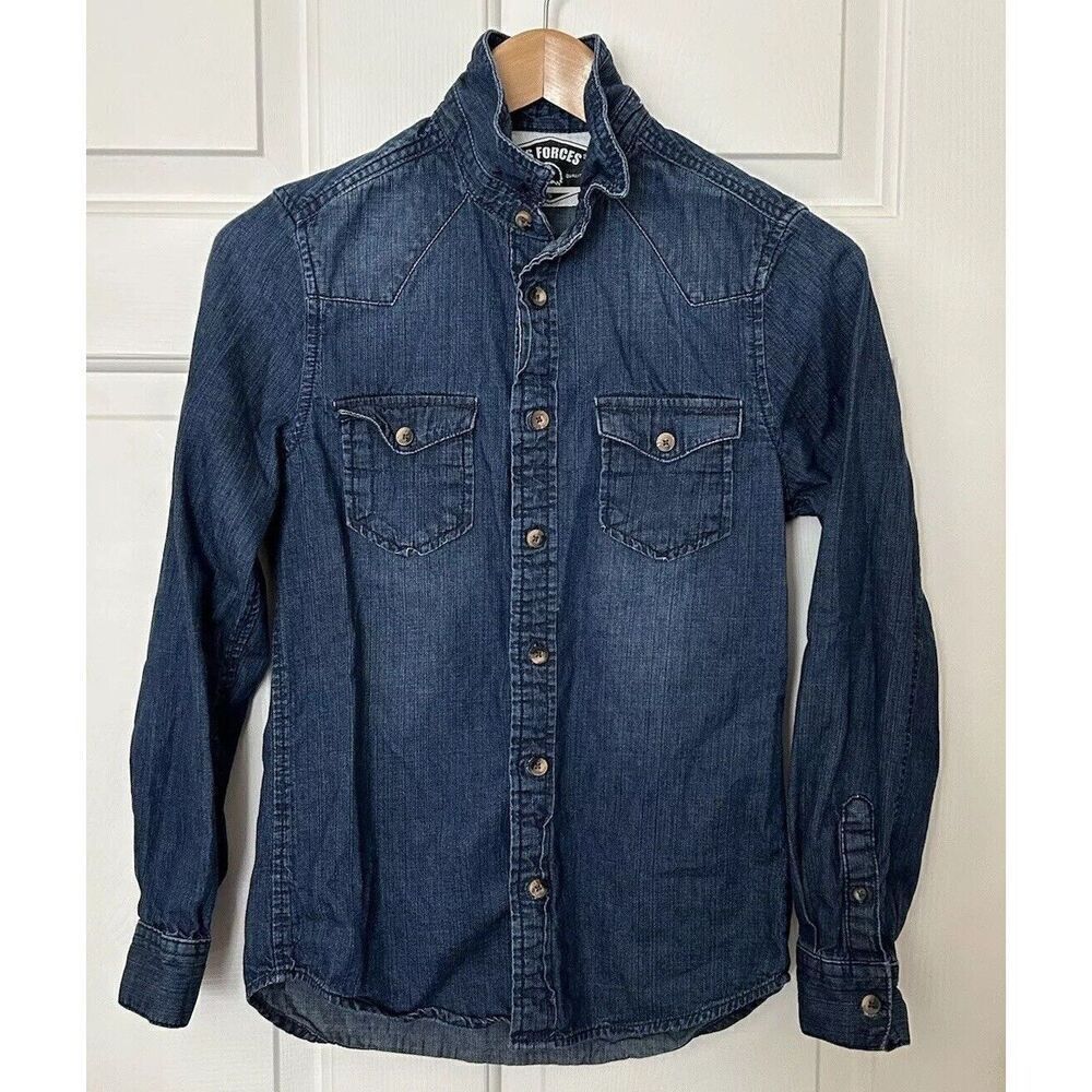 US FORCES Shirt Womens Small Button-Up Relaxed Classic Fit Denim Blue Cotton
